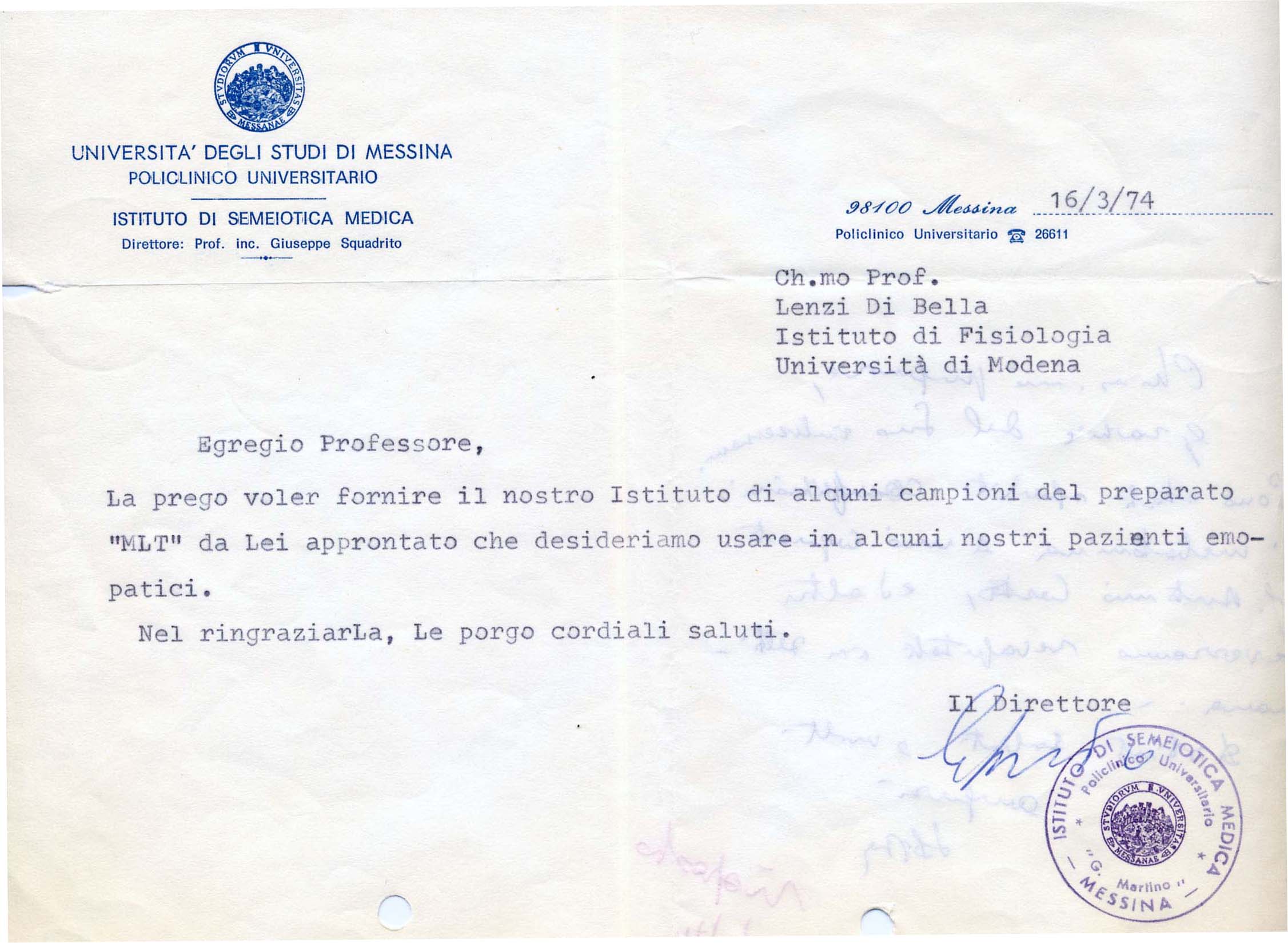 Lettera Policlinico Universitario - Università degli Studi di Messina 1974